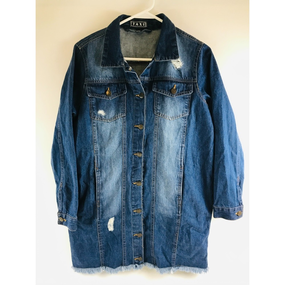 Taxi Denim Shirt Women's Size Small Blue Denim Button Up Frayed Hem Distressed